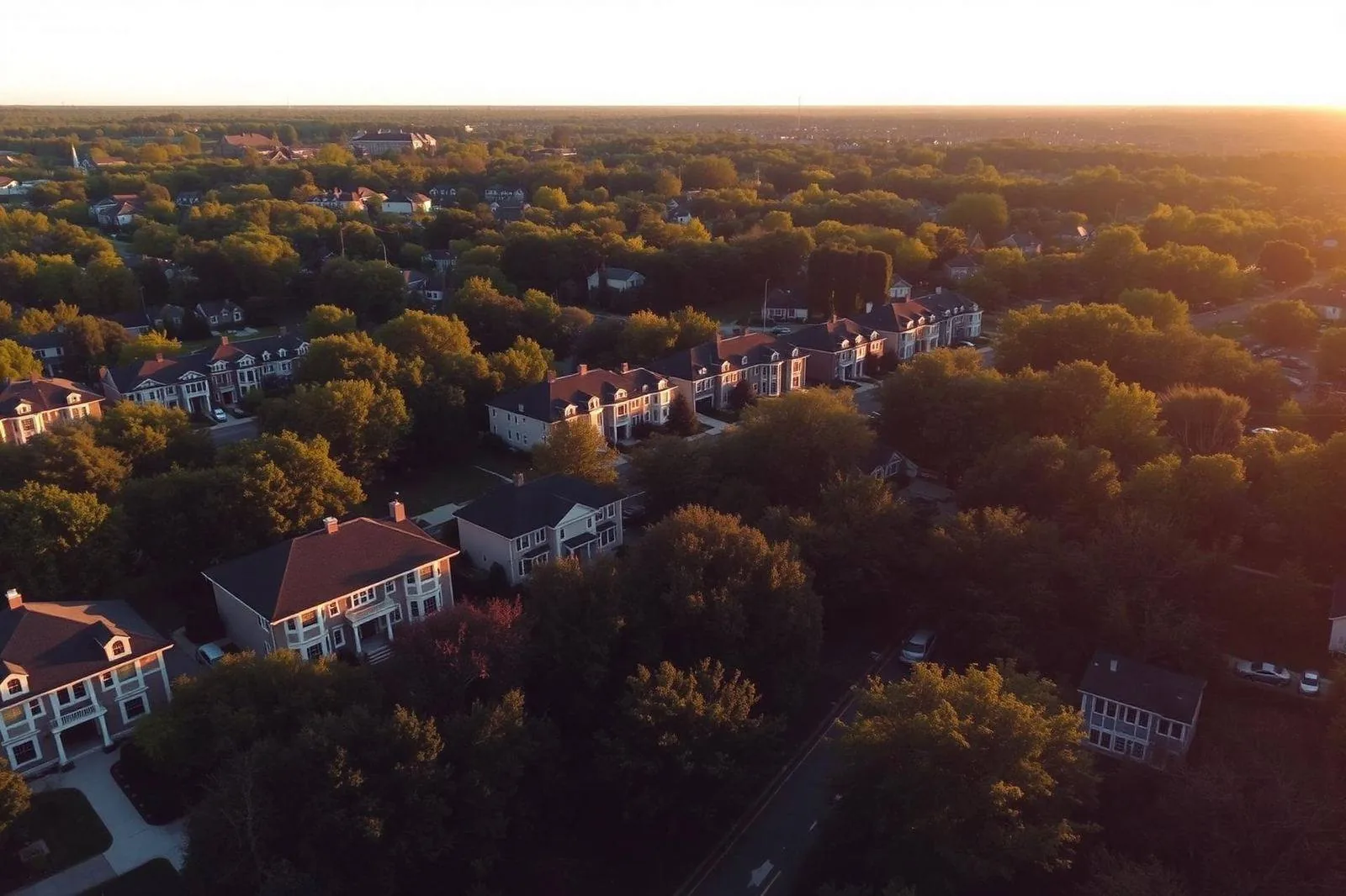 Aerial twilight view of Delaware neighborhoods served by Dream Craft Builders