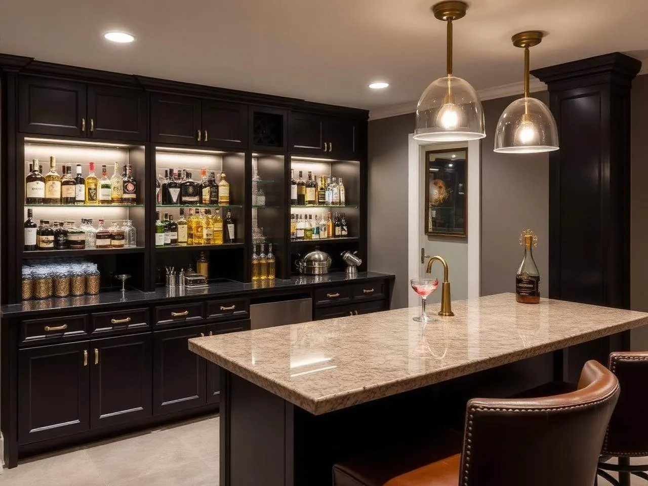 Custom basement wet bar with dark cabinetry and stone counter