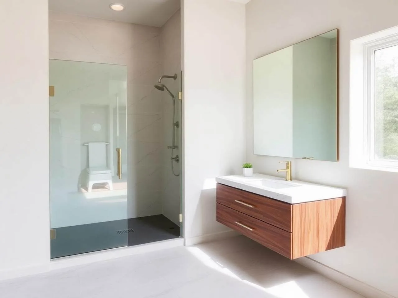 Modern bathroom with curbless walk-in shower and floating vanity