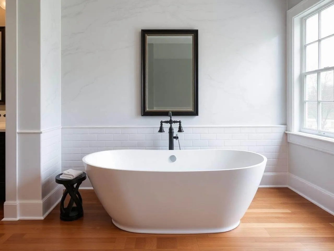 Transitional bathroom remodel with freestanding soaker tub