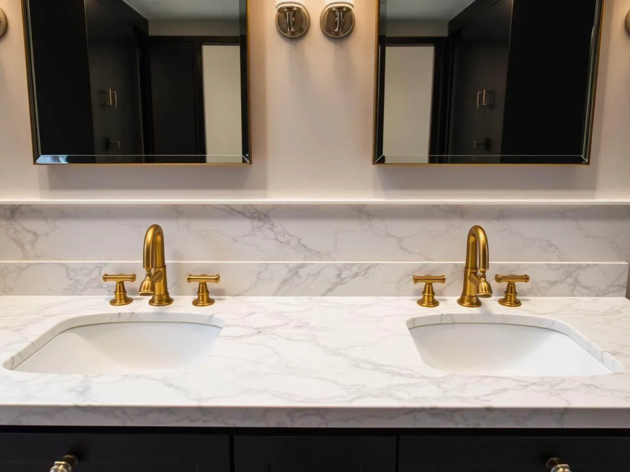Custom double vanity with marble countertop and brass fixtures