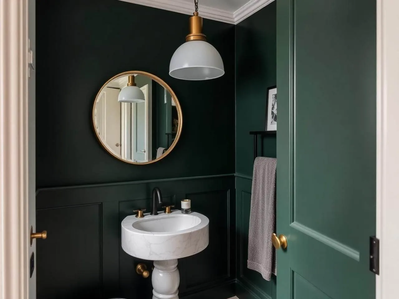 Moody powder room remodel with dark green walls and brass accents