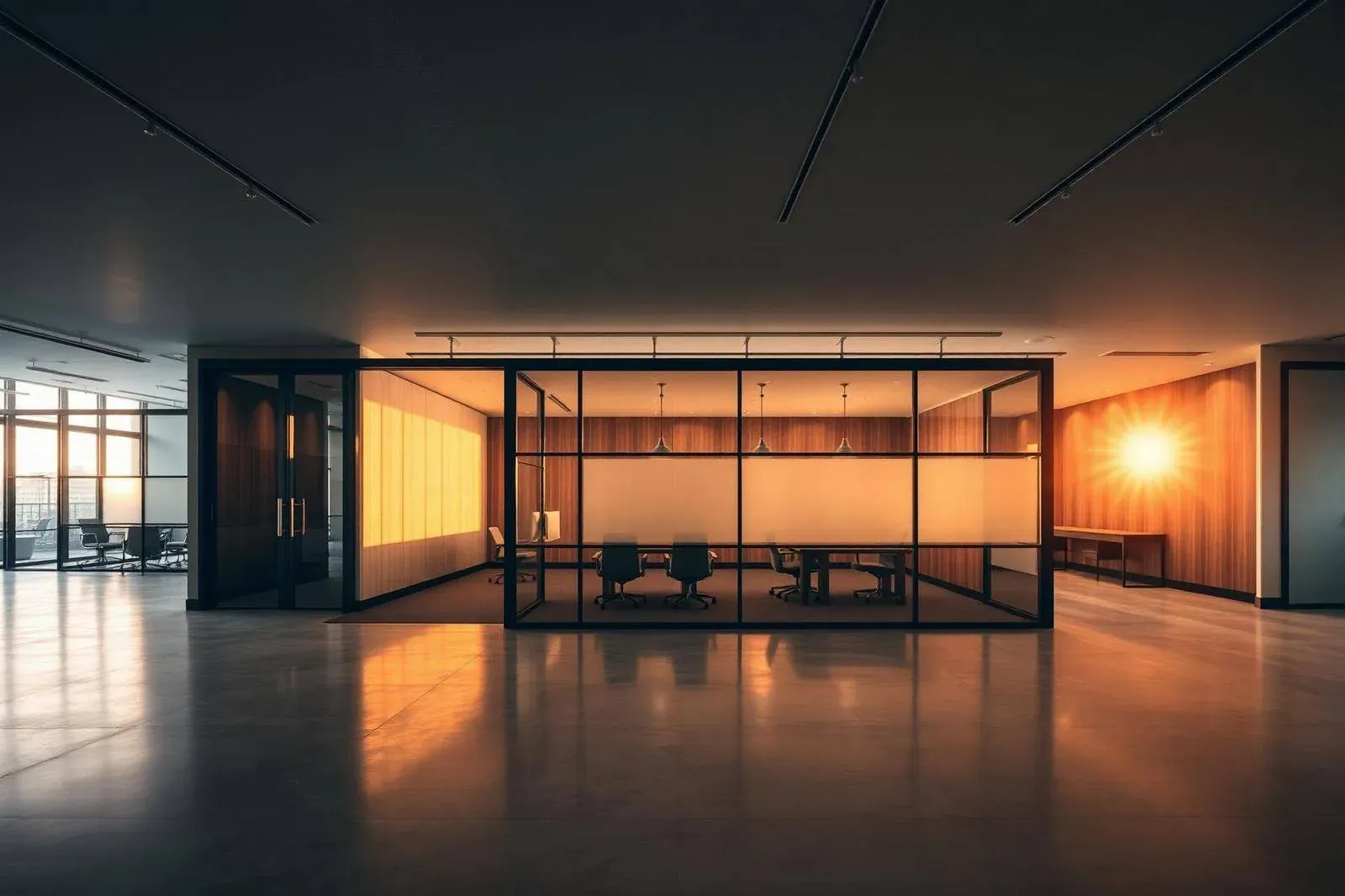 Modern Delaware commercial office build-out interior at golden hour