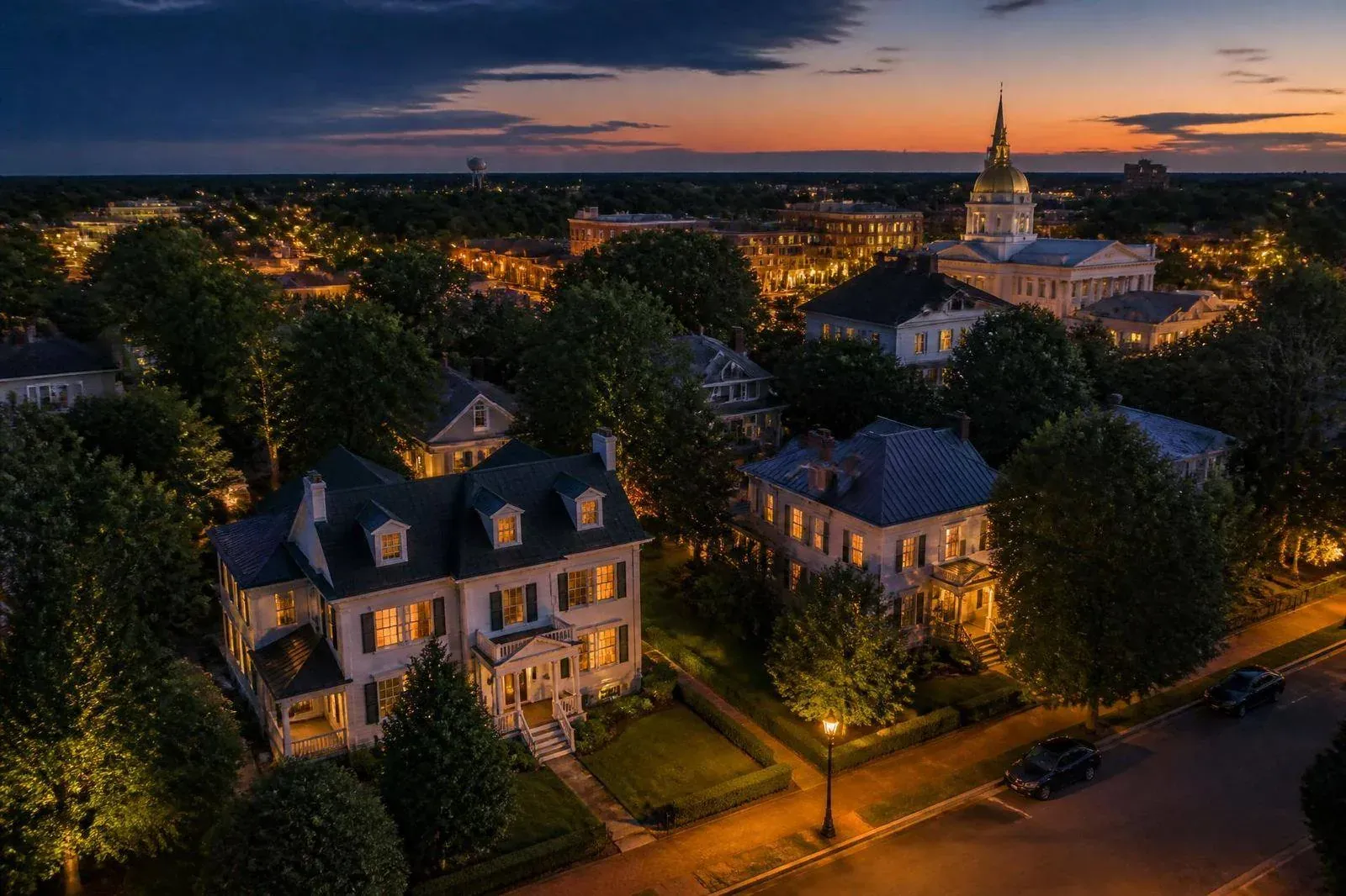 Historic homes and tree-lined neighborhoods in Dover, Delaware at twilight