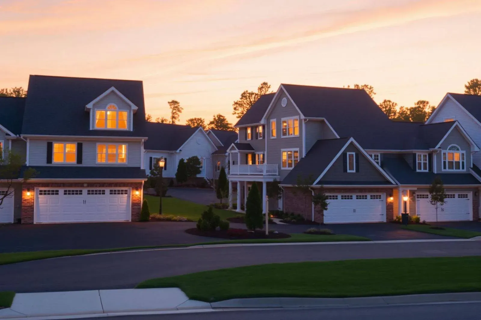Newer construction colonial homes in a Middletown, Delaware neighborhood at dusk