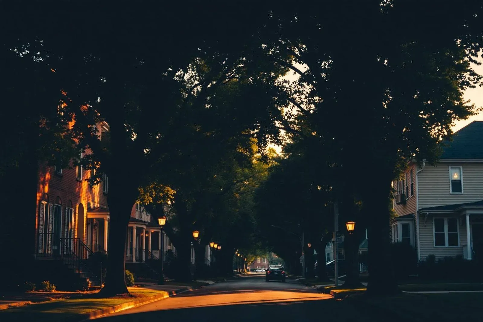 Tree-lined residential street in Newark, Delaware at golden hour