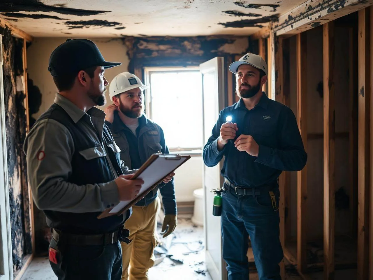 Restoration crew assessing fire damage in a Delaware home