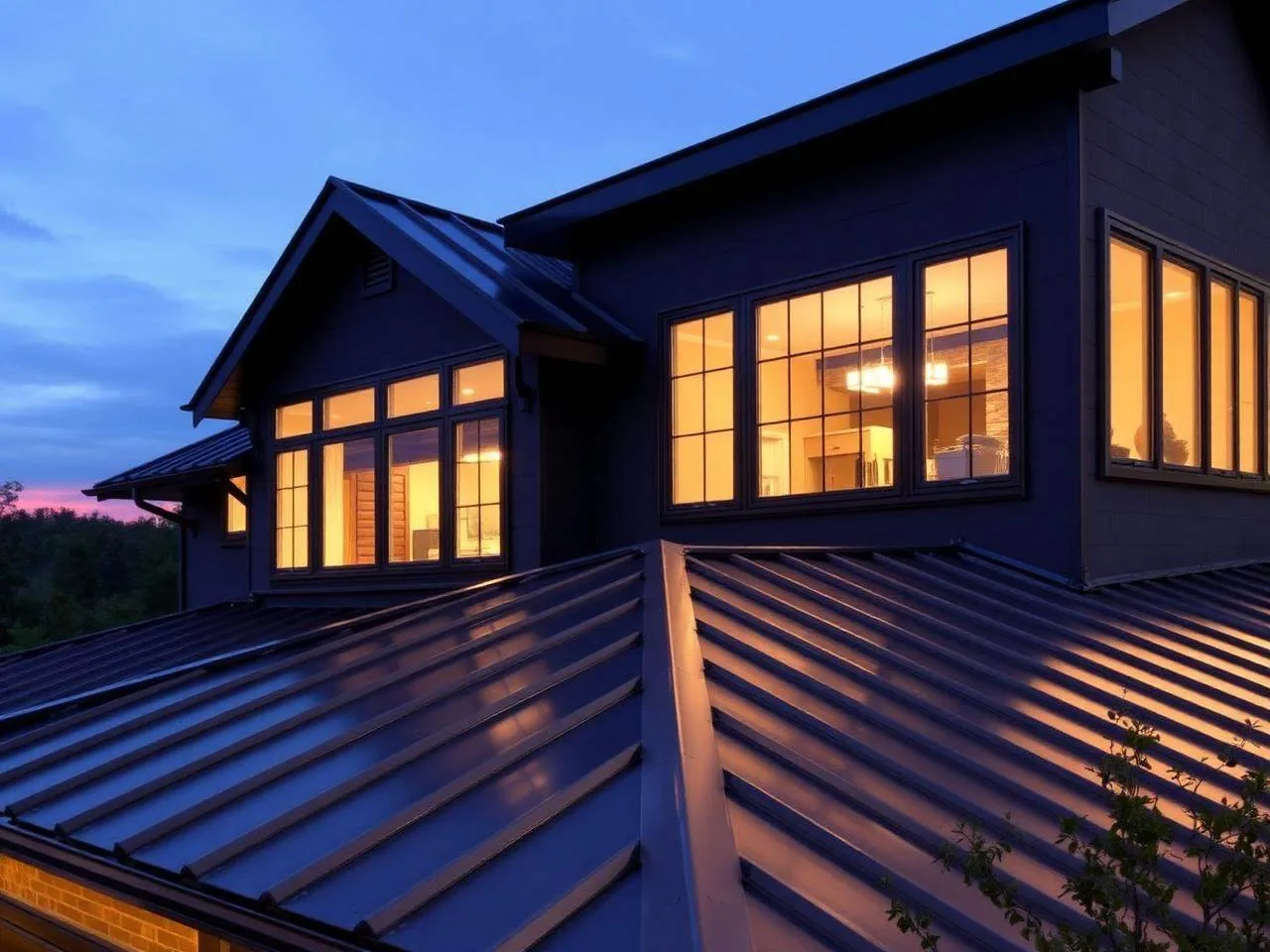 Standing seam metal roof on a modern Delaware residence at dusk