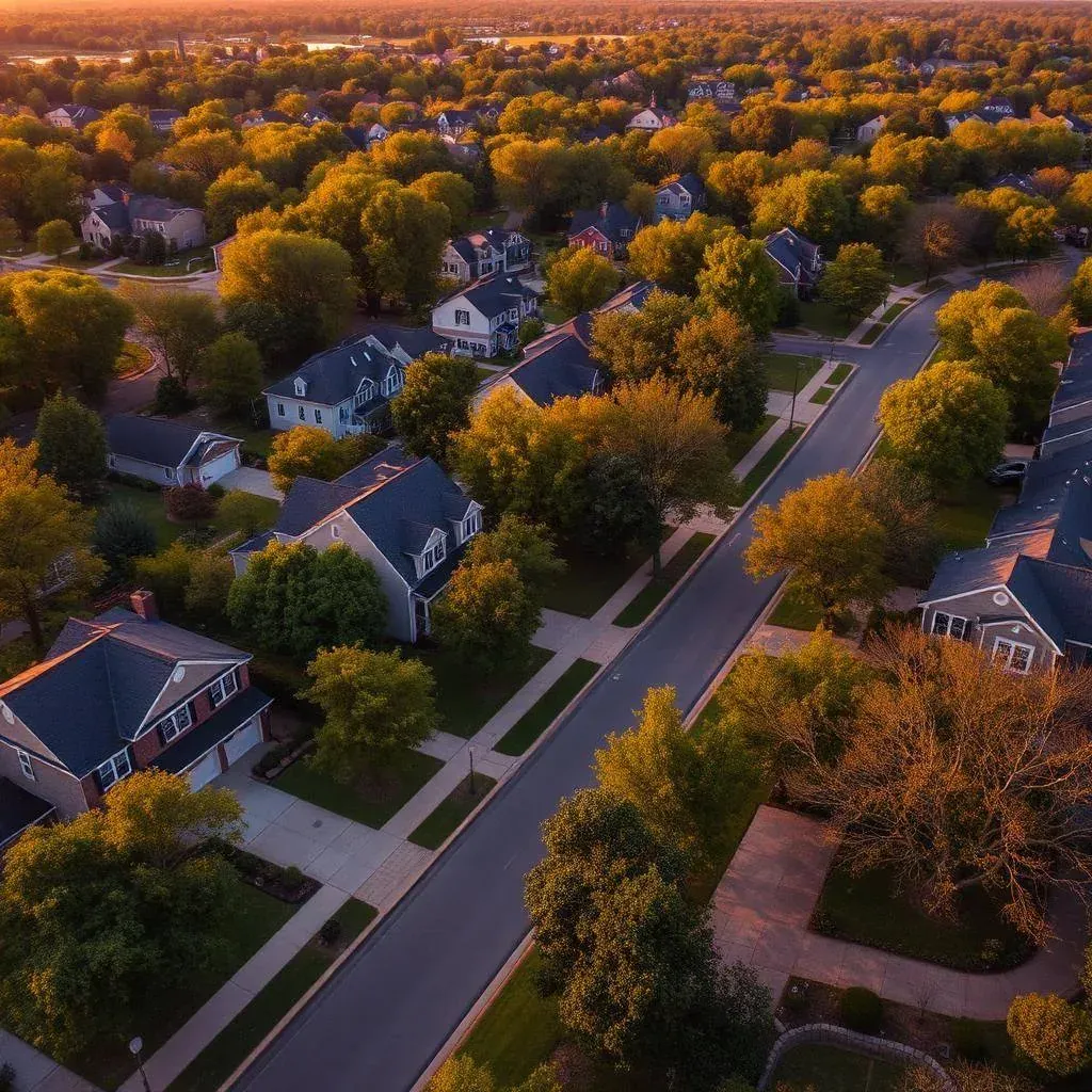 Aerial twilight view of a Smyrna, Delaware neighborhood with mature trees and family homes
