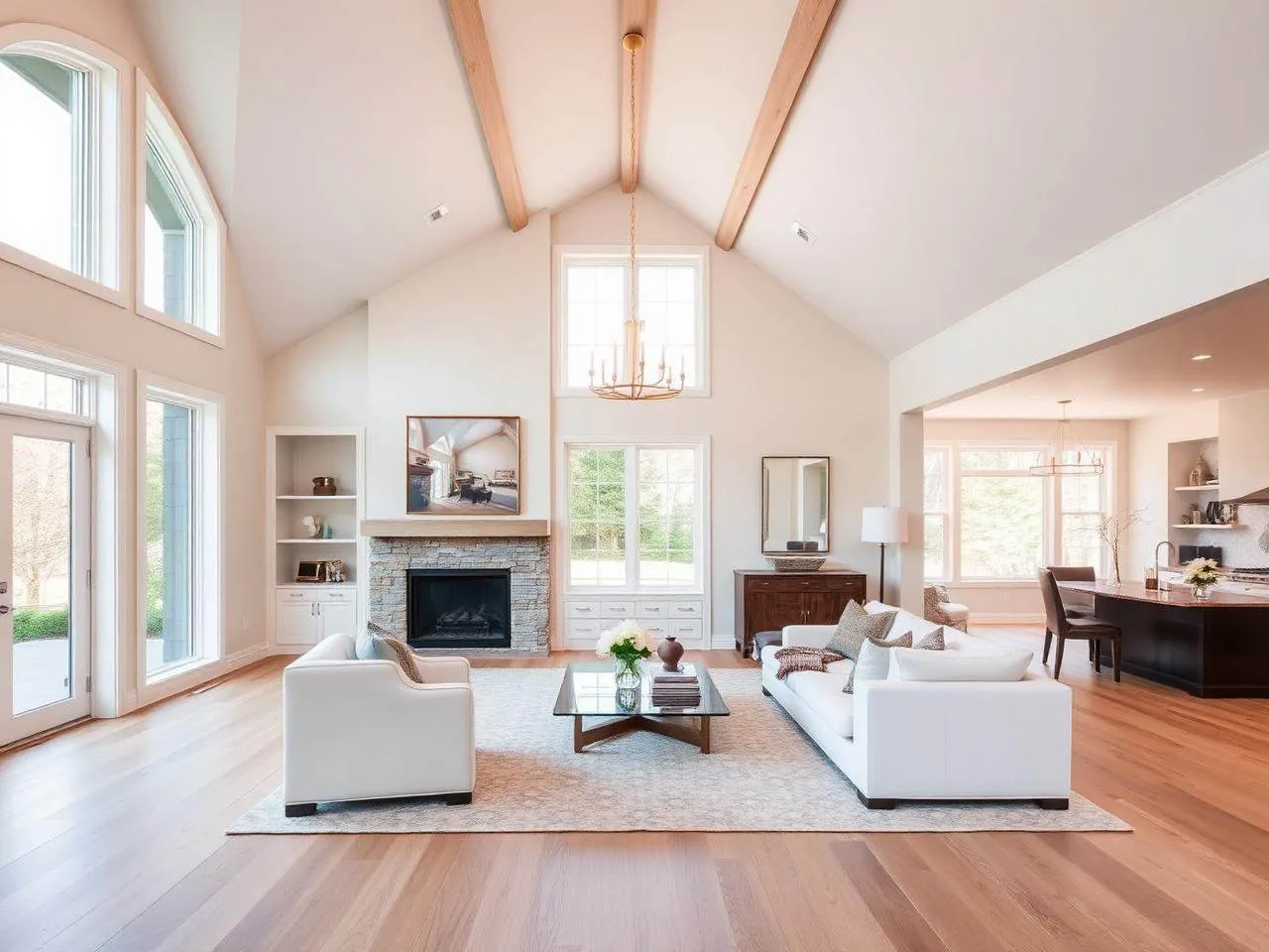 Open-concept renovated living room with custom built-ins and fireplace