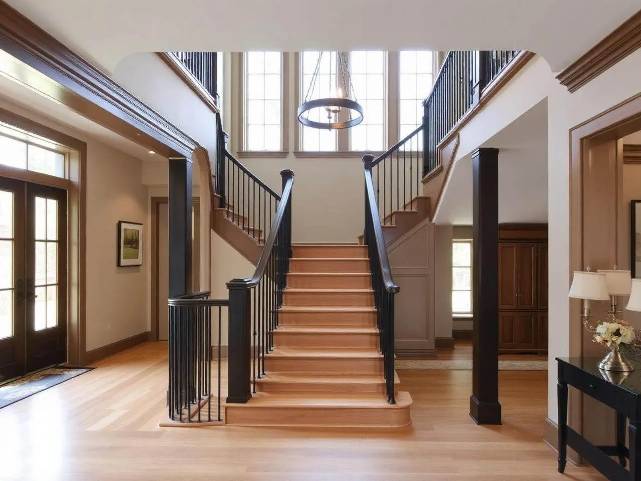 Renovated staircase and foyer with custom millwork and iron railing