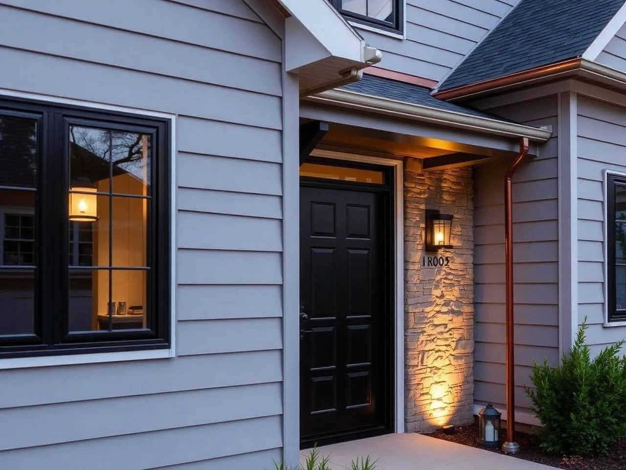 Exterior remodel detail with new siding, black windows, and stone accents